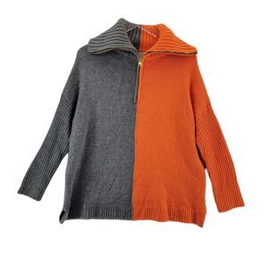 525 America Sweater Womens Medium Colorblock Orange Gray 1/4 Zip Wool Cashmere